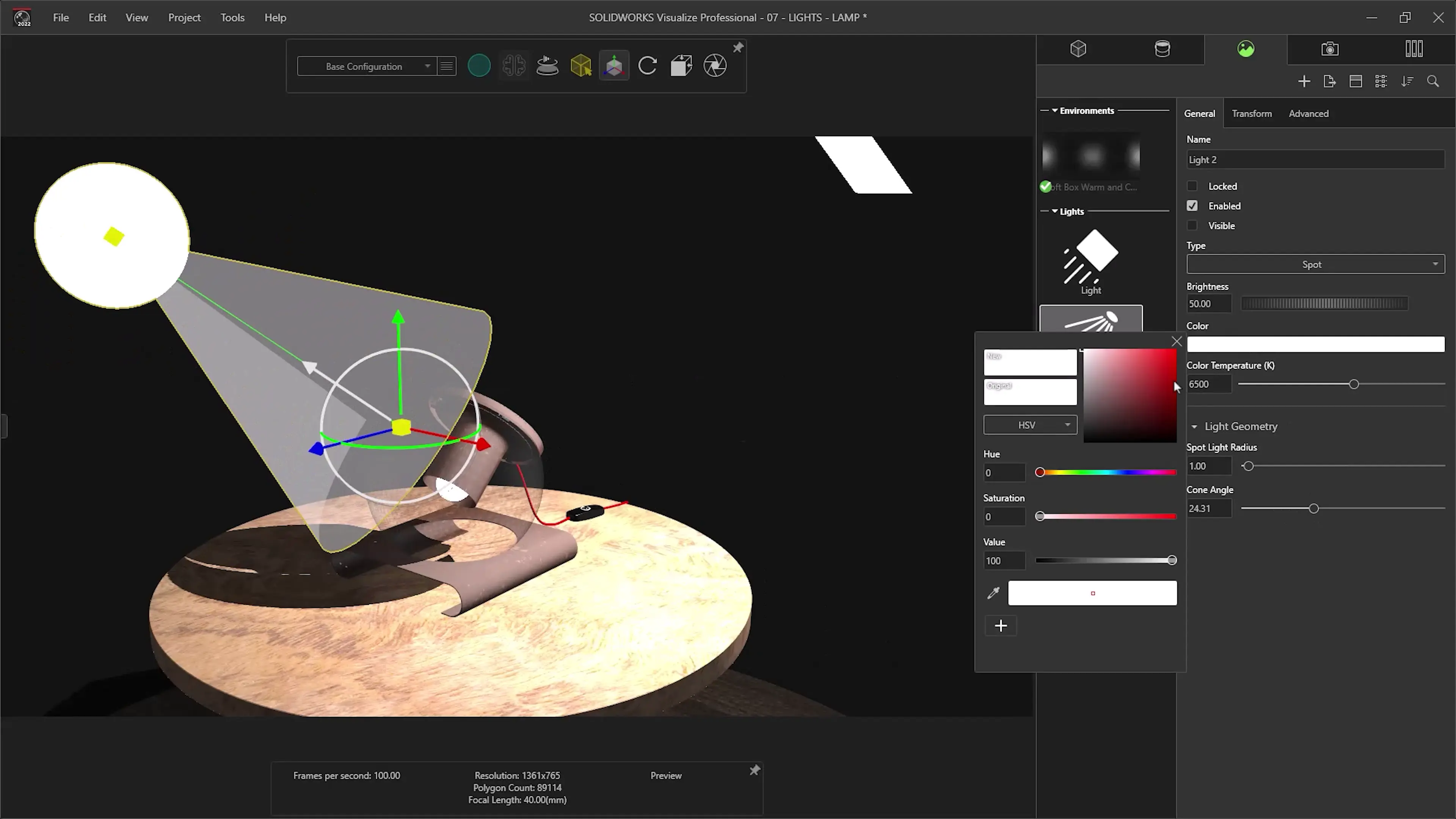 Screenshot of SOLIDWORKS Visualize Connected with active lights and cameras